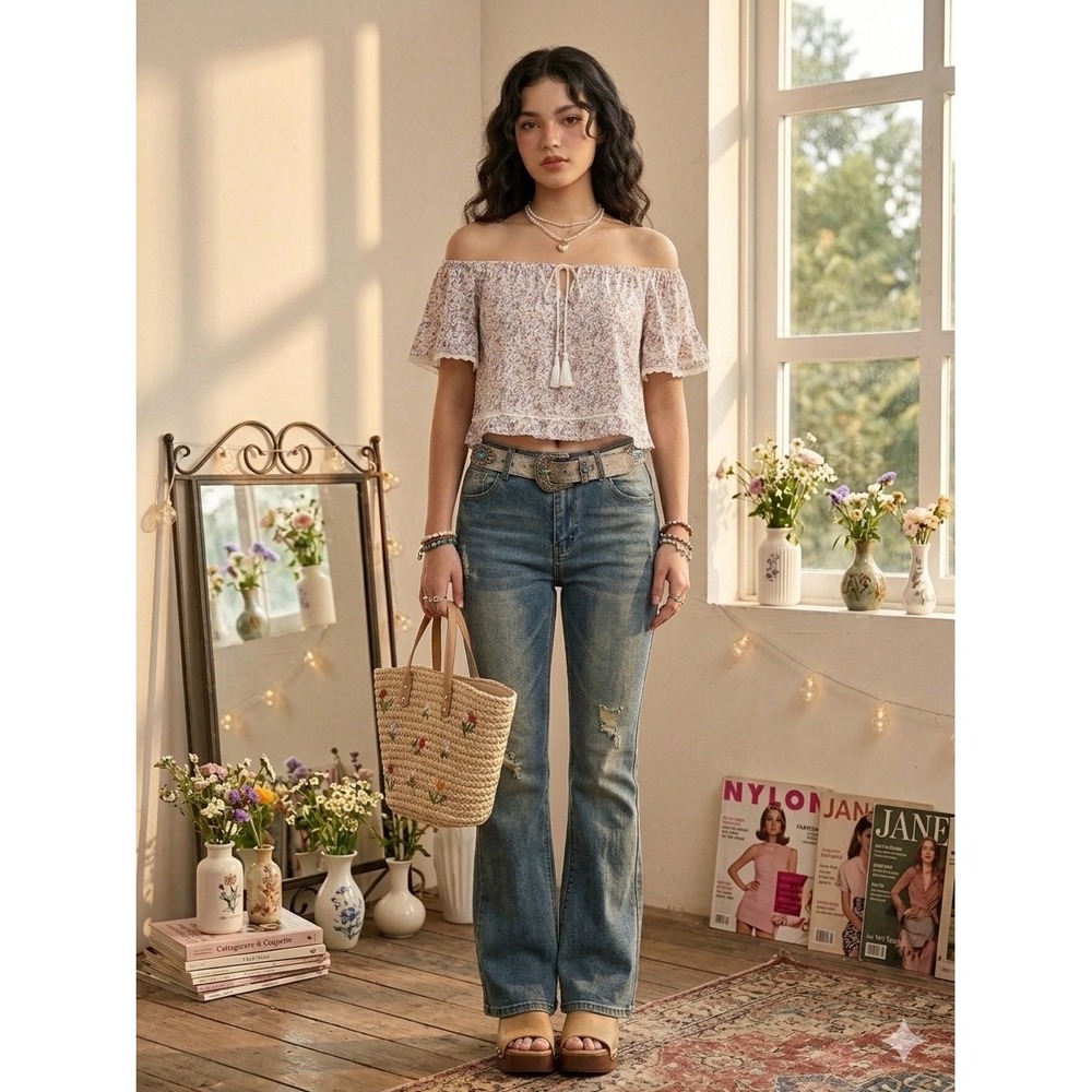 American Eagle Off Shoulder Floral Crop Top M Lace Trim Tassel Boho Cottage‎ Y2K